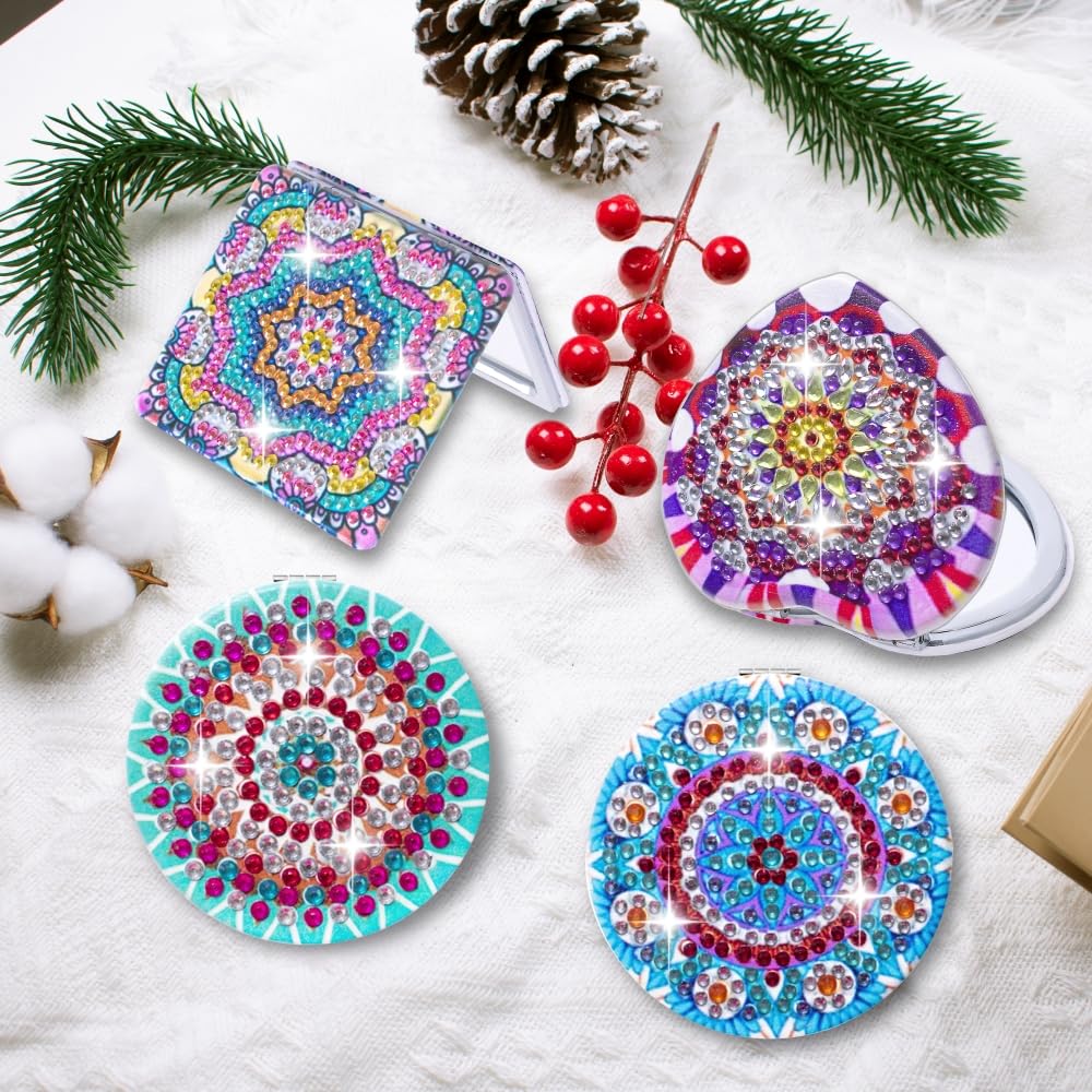 HXYQMMY 4Pcs Diamond Painting Compact Mirror Kits - DIY Pocket Mirror with Mandala Diamond Painting Cover Portable Folding Mini Makeup Mirror Diamond Art Kits for Women Gift (mirror116-119)