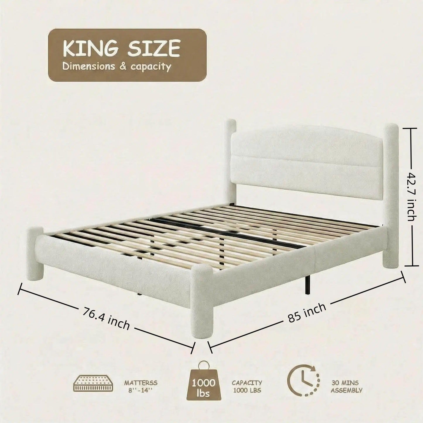 Garvee King Size Boucle Bed Frame, Upholstered Platform Cloud Bed with Soft Round Headboard & Cylindrical Legs, Heavy Duty & Noise Free, No Box Spring Needed, Easy Assembly, White