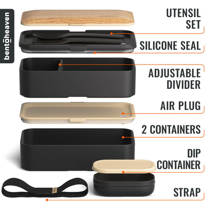 Bentoheaven Premium Bento Box Adult Lunch Box with Compartments for Women & Men, Set of Utensil & Chopsticks & Dip Container, Cute Japanese Kids Bento Lunch Box, Microwavable (Symph Onyx)