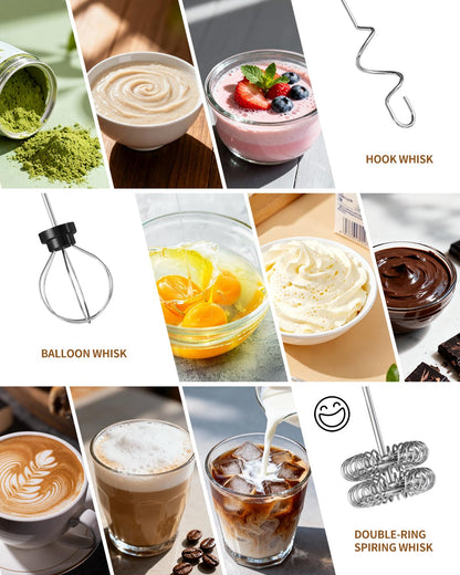 CIRCLE JOY Rechargeable Handheld Milk Frother Wand with Stand, 3 Variable Speeds, 3 Whisks and Storage Box, Electric Drink Mixer for Latte, Cappuccino, Hot Chocolate, Eggs and Protein Powder, Black