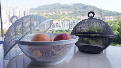 YELKPX Metal Mesh Fruit Bowl with Lid (Set of 2) - Fruit Fly Proof Kitchen Counter Storage Basket for Fruits, Vegetables, Bread - Black White Green Gray Options (Black & White)