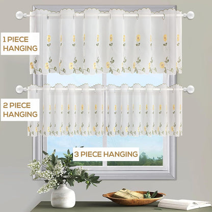 ZHH Sheer Embroidery Valance for Window with Daisy - Short White Kitchen Curtain, 1 Panel, 17x70inch