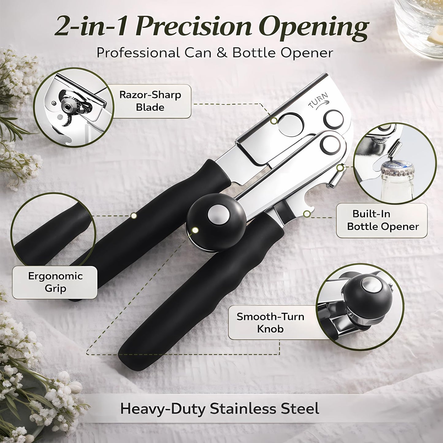 Commercial Can Opener, Heavy Duty Manual Can Opener for Large Cans, Hand Crank Can Opener with Magnetic Lid Lifter, Stainless Steel with Bottle Opener