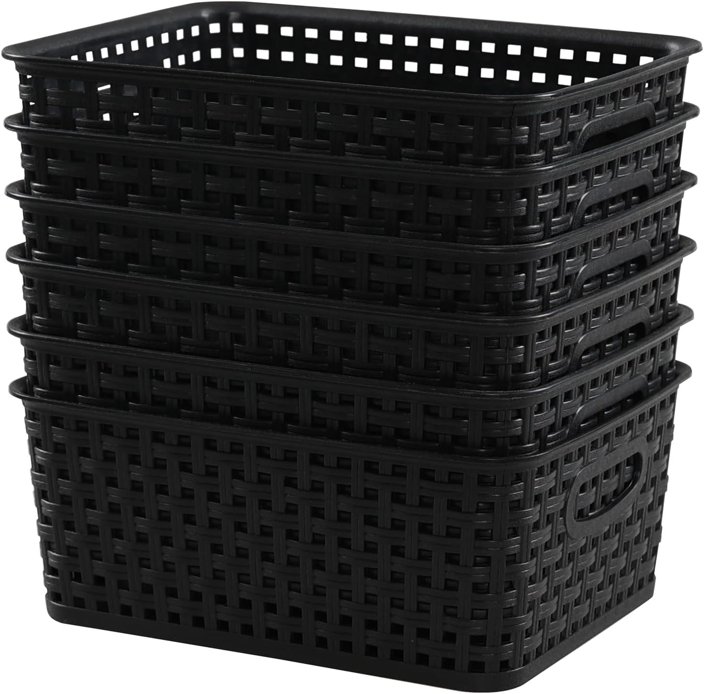 6 Pack Black Plastic Pantry Weave Storage Basket Bin