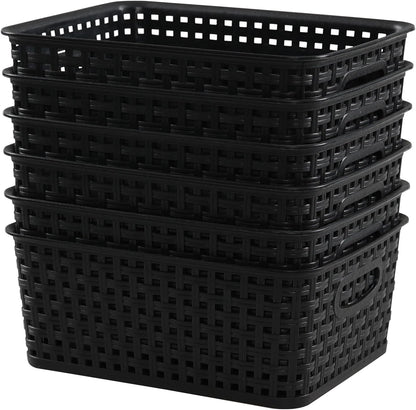 6 Pack Black Plastic Pantry Weave Storage Basket Bin