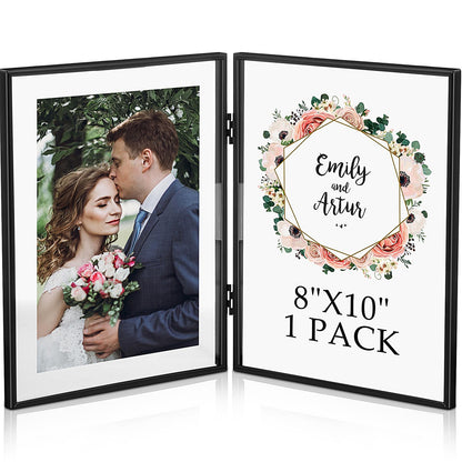 Sintuff 8" x 10'' Brass Double Picture Frame Clear Double Folding Hinged Frame Acrylic Memorial Photos Displayed Stand for Desktop Artwork Plants Specimen Graduation Christmas Gifts(Black)