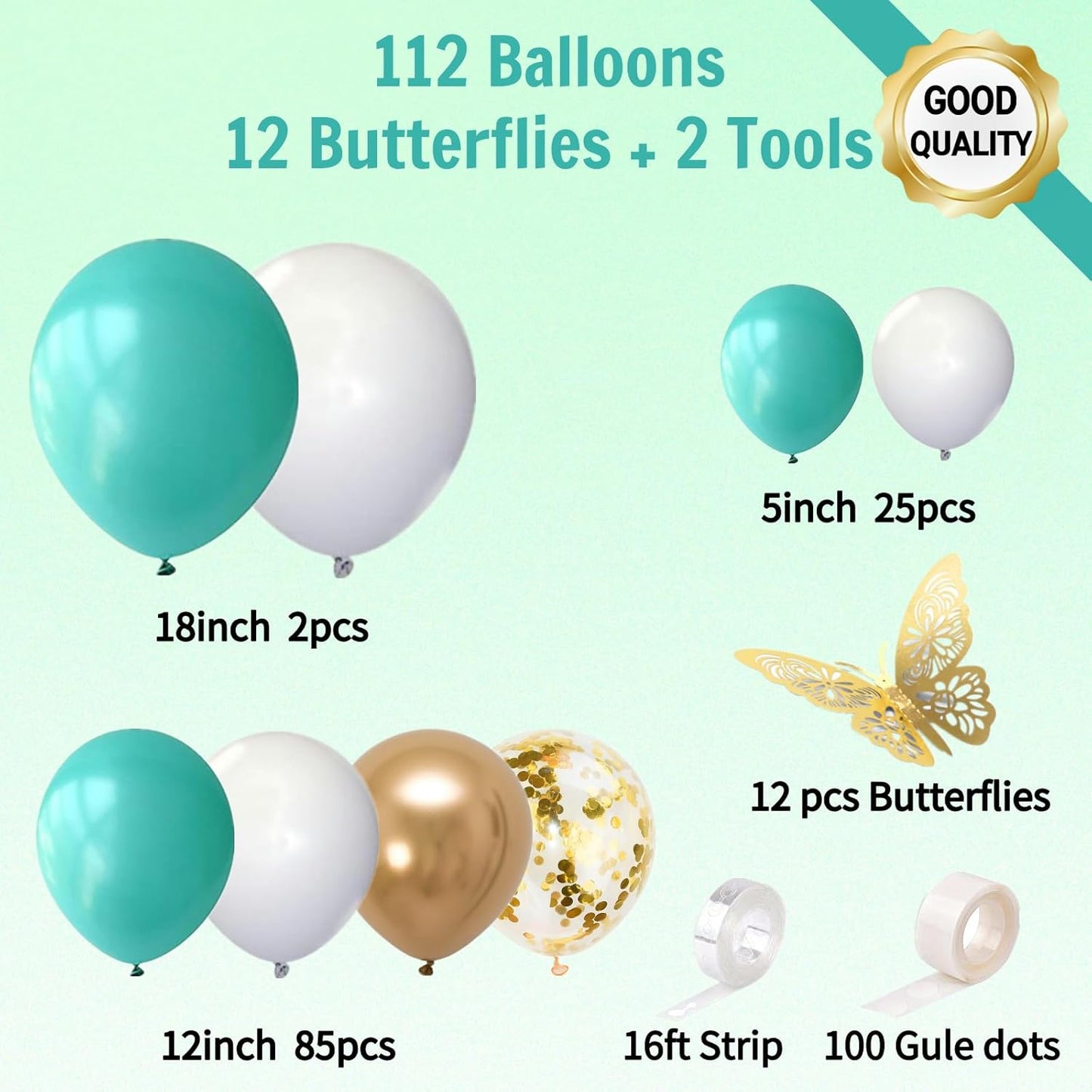 Teal Balloon Garland Kit with Gold Butterflies, Turquoise, Blue, Green, White & Gold Balloons for Party Decor