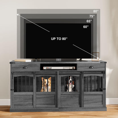 Homiflex 72" Double Dog Crate Furniture with Storage for 2 Medium Large Dogs Farmhouse Wooden Dog Kennel Furniture with 2 Sliding Doors Divider & Power Outlet Decorative Dog Cage TV Stand Grey