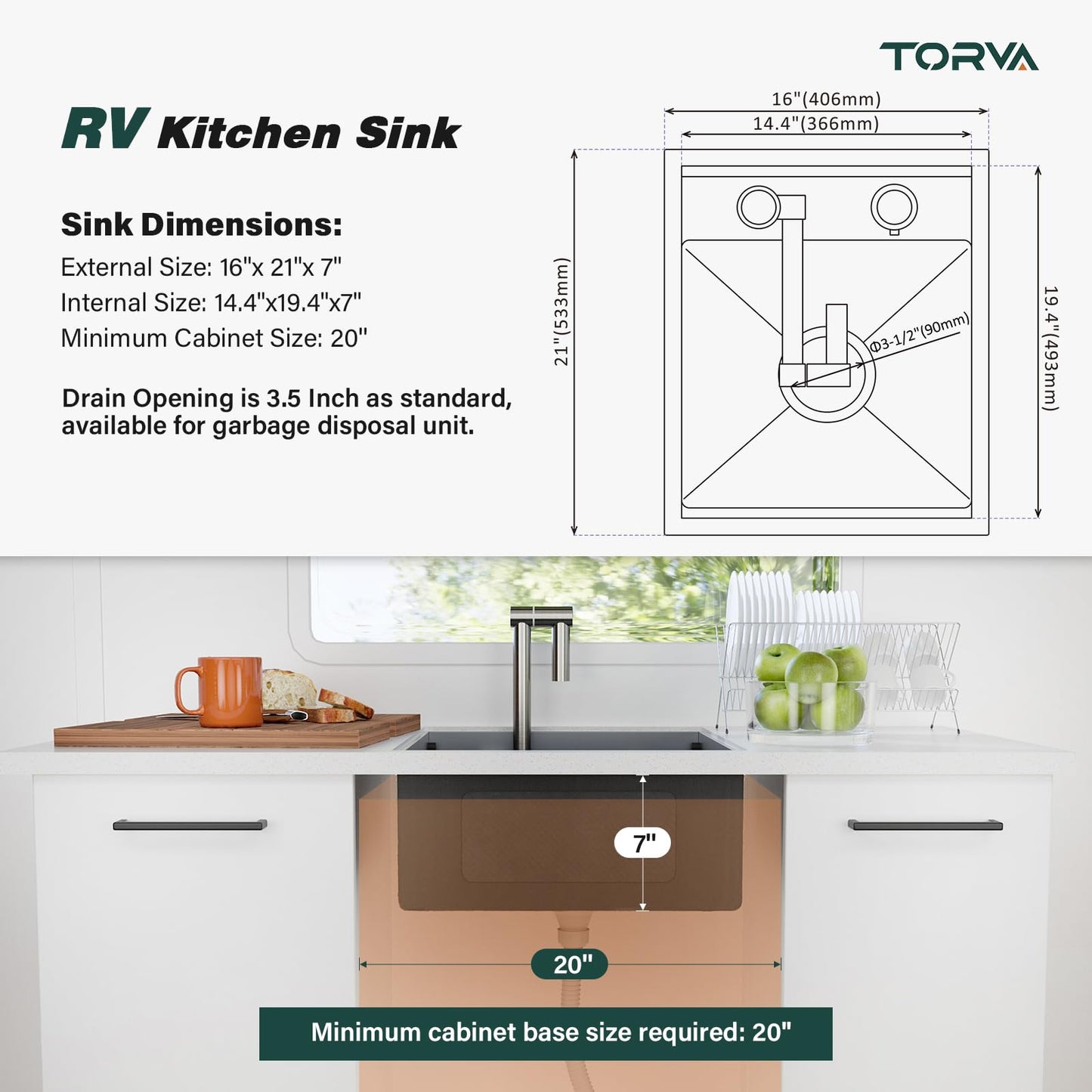 TORVA RV Kitchen Sink, 16 x 21 x 7 Inch Undermount Bar Sink 16 Gauge Stainless Steel Single Bowl Sink with Foldable Faucet Cutting Board, Grey