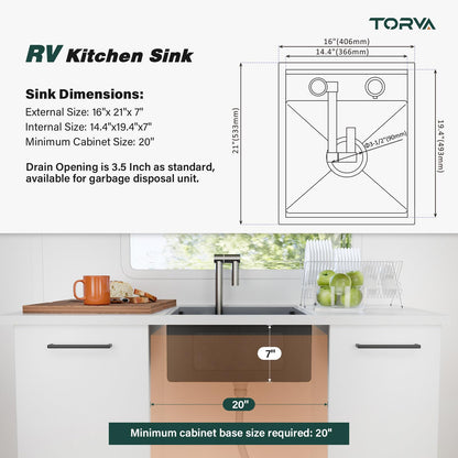 TORVA RV Kitchen Sink, 16 x 21 x 7 Inch Undermount Bar Sink 16 Gauge Stainless Steel Single Bowl Sink with Foldable Faucet Cutting Board, Grey