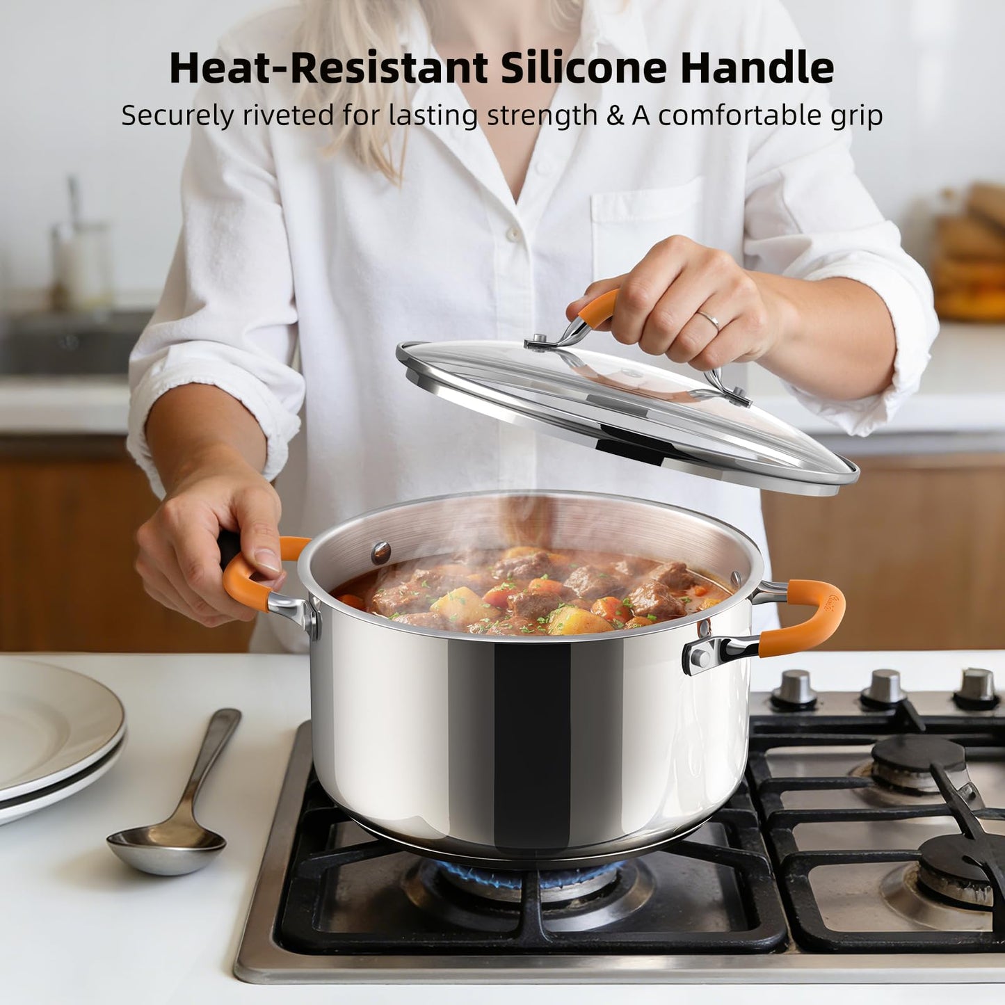 Ciwete Stainless Steel Stock Pot, 11 Quart Soup Pot with Lid, Heavy-Duty Thick Bottom Induction Cooking Pot for Pasta, Stew & Simmering, Fast Heating, Compatible with All Cooktops, Dishwasher Safe