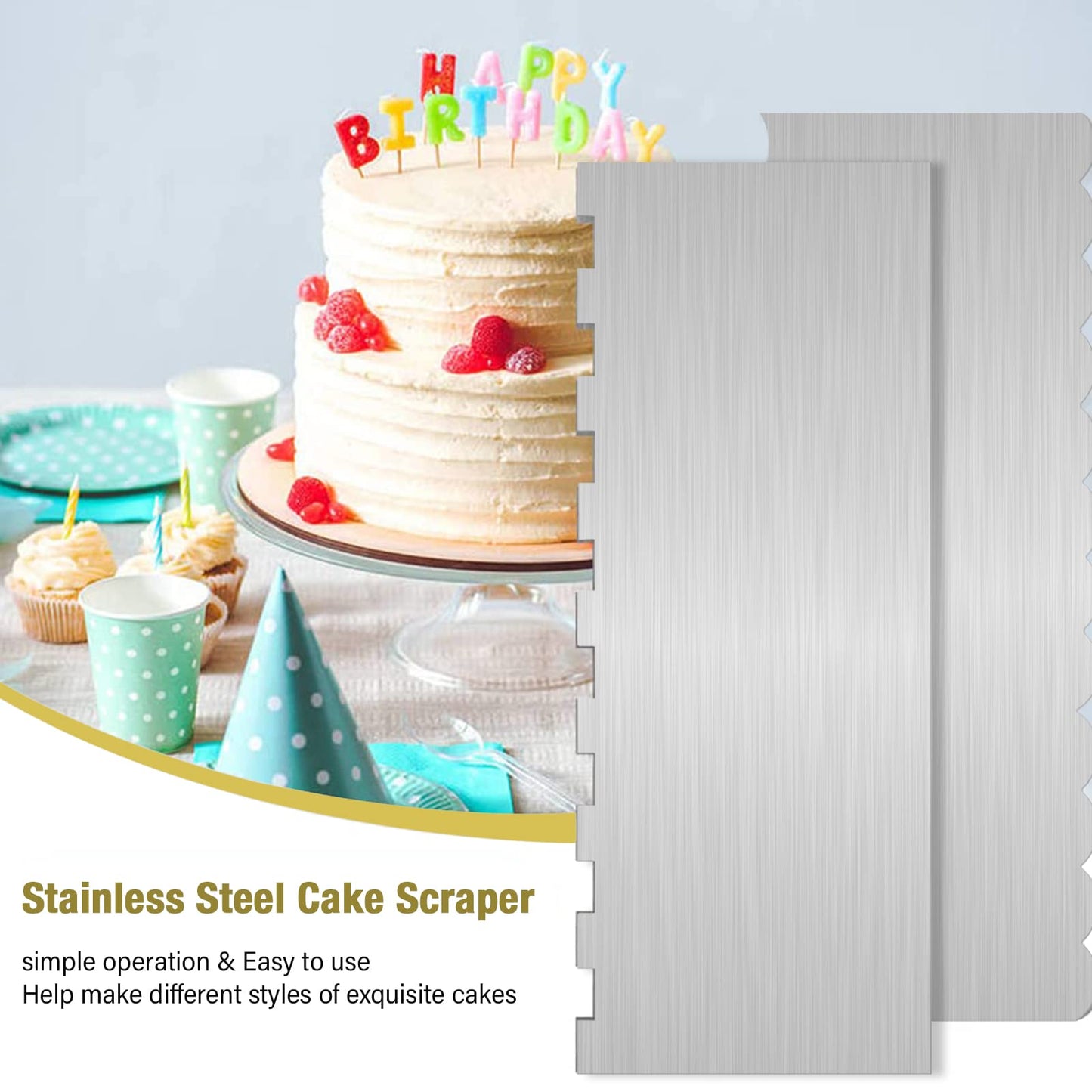 2 Pc 9 Inches Stainless Steel Cake Scraper Cake Decorating Tools Edge Side Jagged Wave Double Sided Patterned Comb Metal Cake Carving Smoothing Cream Pastry Baking(9 x 3.5 Inches)