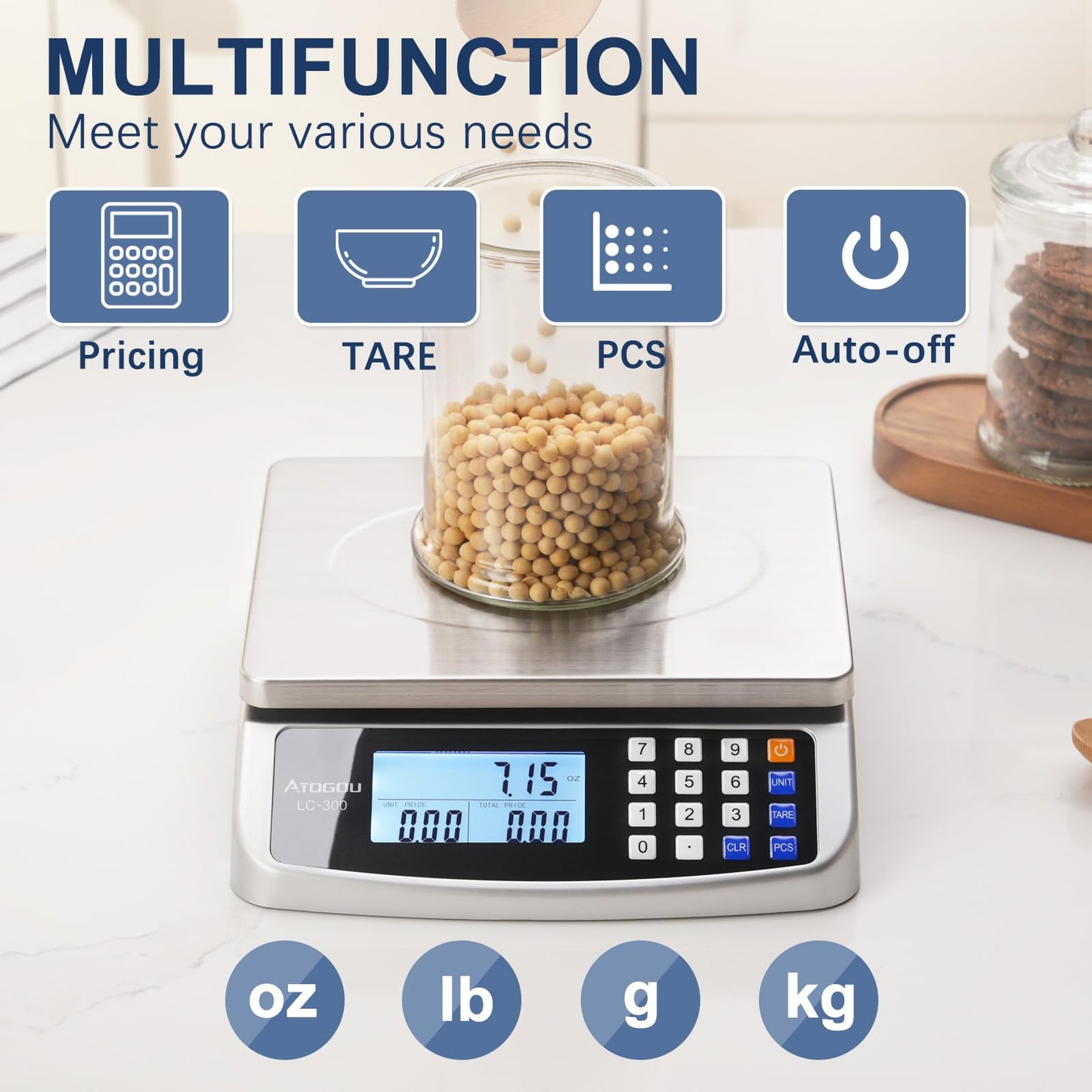 Atogou 66lb Food Scale, Commercial Kitchen Scale with Price Computing, Plug-in Usable, 0.05oz/1g, 304 Stainless Steel, for Cooking, Vegetables, Farm, Industry, Counting. LC300 Silver