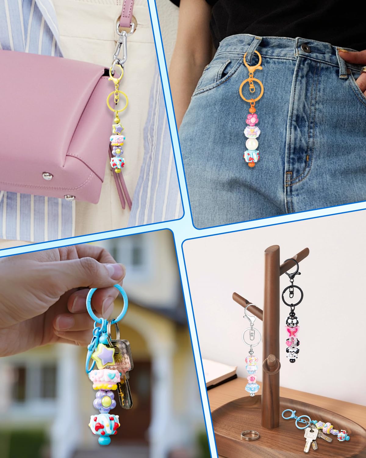 RQAYE 30pcs Beadable Keychains Keychain Bulk kit Cute Blank Bead Keychain Strip DIY Men's and Women's Making Supplies Crafts, Jewelry, Bag Accessories, Customized Project Gifts (Multicolor)