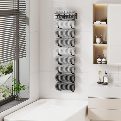 SWTYMIKI Hanging Towel Racks for Bathroom - 9 Tier Over The Door & Wall Mounted Bath Rolled Towel Storage Organizer Holder for Small Bathroom, RV, Camper, Black (Patented)