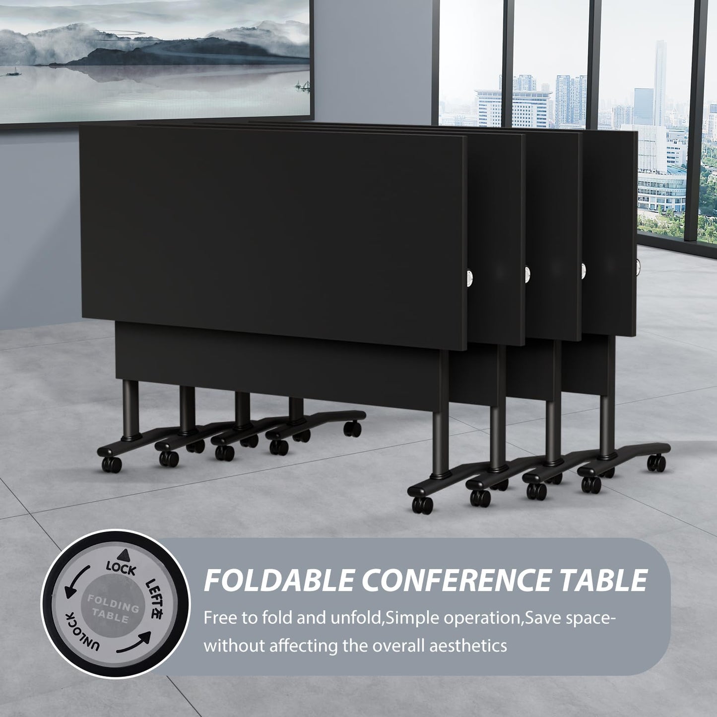 Conference Room Table with Wheels 6ft Folding Modular Large Black Conference Table Foldable Modern Rectangle Training Meeting Tables for Classroom Office(8, Black, D 55")