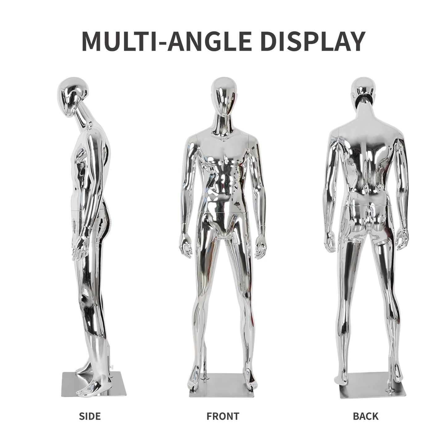 Full Body Male Mannequin with Chrome Metallic Finish, Fiberglass Abstract Dress Form with Posable Head, Futuristic Retail Display Dummy with Metal Base for Men's Fashion Window(Chrome Silver)