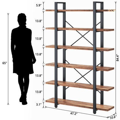 HSH 6 Tier Solid Wood Bookshelf, Industrial Wood and Metal Tall Large Etagere Bookcase and Storage Shelves, Rustic Open Natural Real Wooden Book Shelf for Bedroom Living Room, Distressed Brown