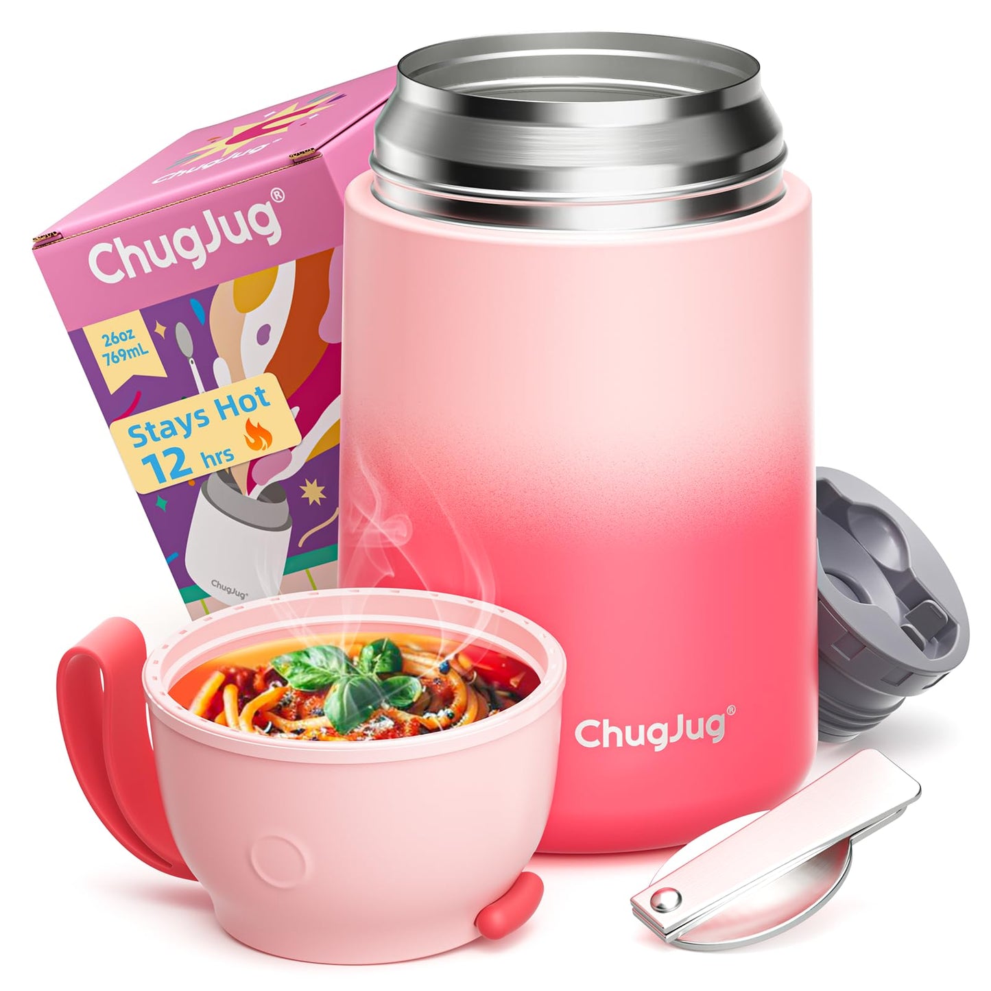 Thermo for Hot Food for Adults Kids | Wide Mouth, 26 oz Insulated Food Jar with Spoon, Leakproof Soup Thermo for School Office Travel, Thermal Steel Lunch Container Easy to Carry (Pink)