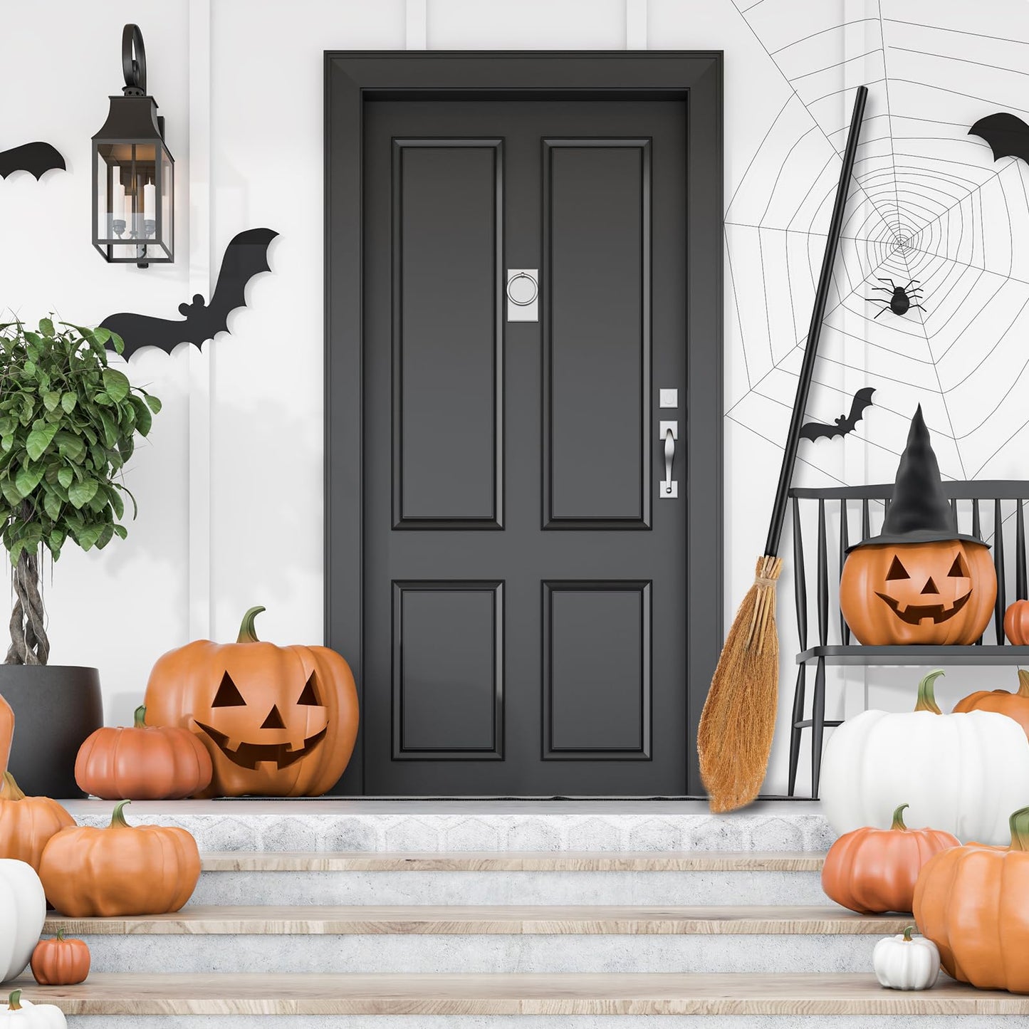 Jetec Halloween Witch Broom Hat Set Black Hat with 39.4 Inch Broom Realistic Wizard Witch for Halloween Party Cosplay Props Costume Accessories