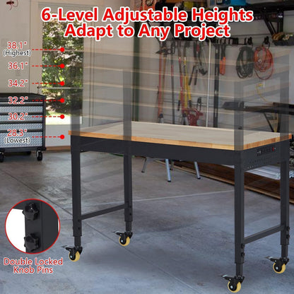 72” Adjustable Workbench with Drawer & Backplate, Heavy Duty Rolling Work Table, 2000 LB Capacity, Rubberwood Top, Power Outlets, Lockable Wheels, Garage Workshop Workbench with Storage