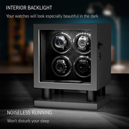 Watch Winder for 4 Watches with LED Backlight, LCD Display and Motor-Stop Option (White & Black)