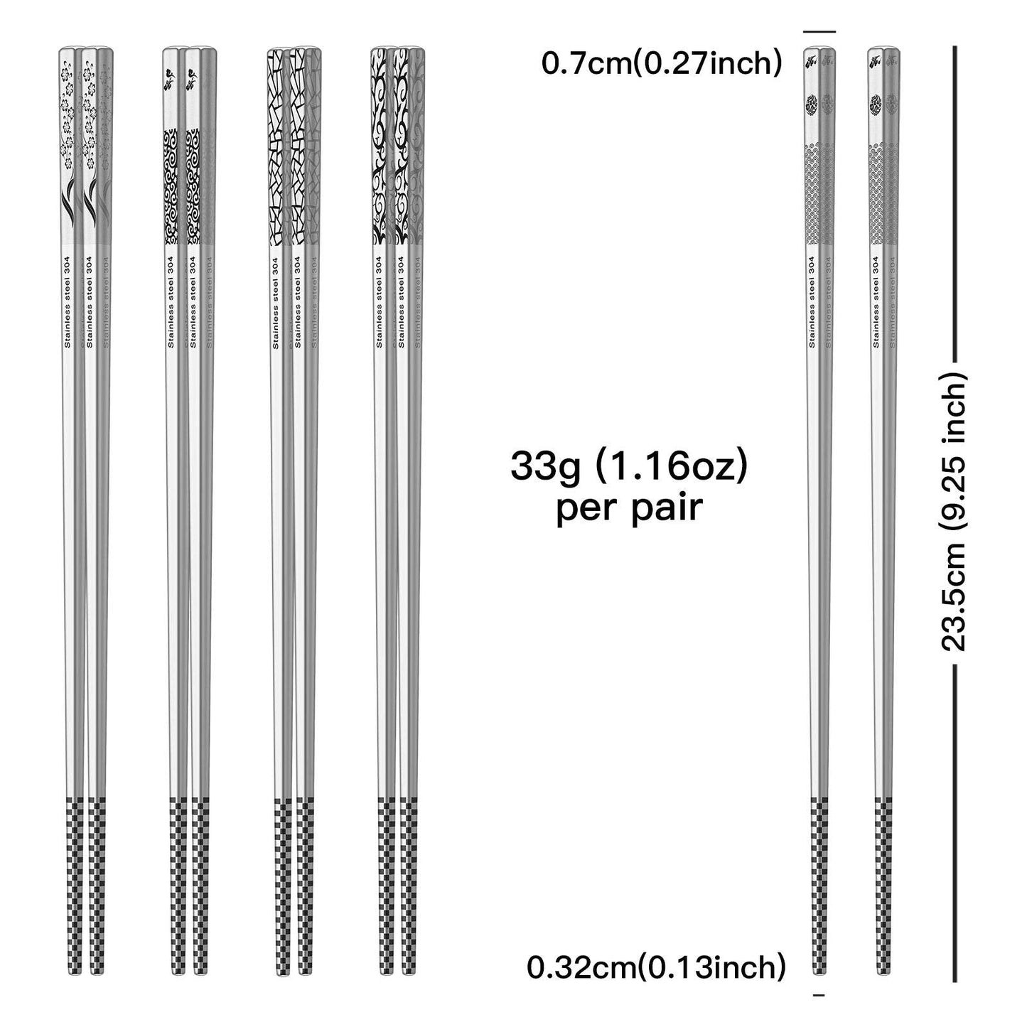 Metal Chopsticks Reusable 18/8 Stainless Steel Chopsticks Multipack Dishwasher Safe Chop Sticks Cute Laser Engraved Non-slip Japanese Korean Chopstick for Cooking Eating 9 1/4 Inches 5 Pairs Gift Set