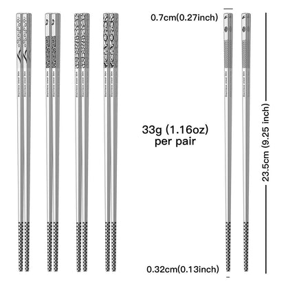 Metal Chopsticks Reusable 18/8 Stainless Steel Chopsticks Multipack Dishwasher Safe Chop Sticks Cute Laser Engraved Non-slip Japanese Korean Chopstick for Cooking Eating 9 1/4 Inches 5 Pairs Gift Set