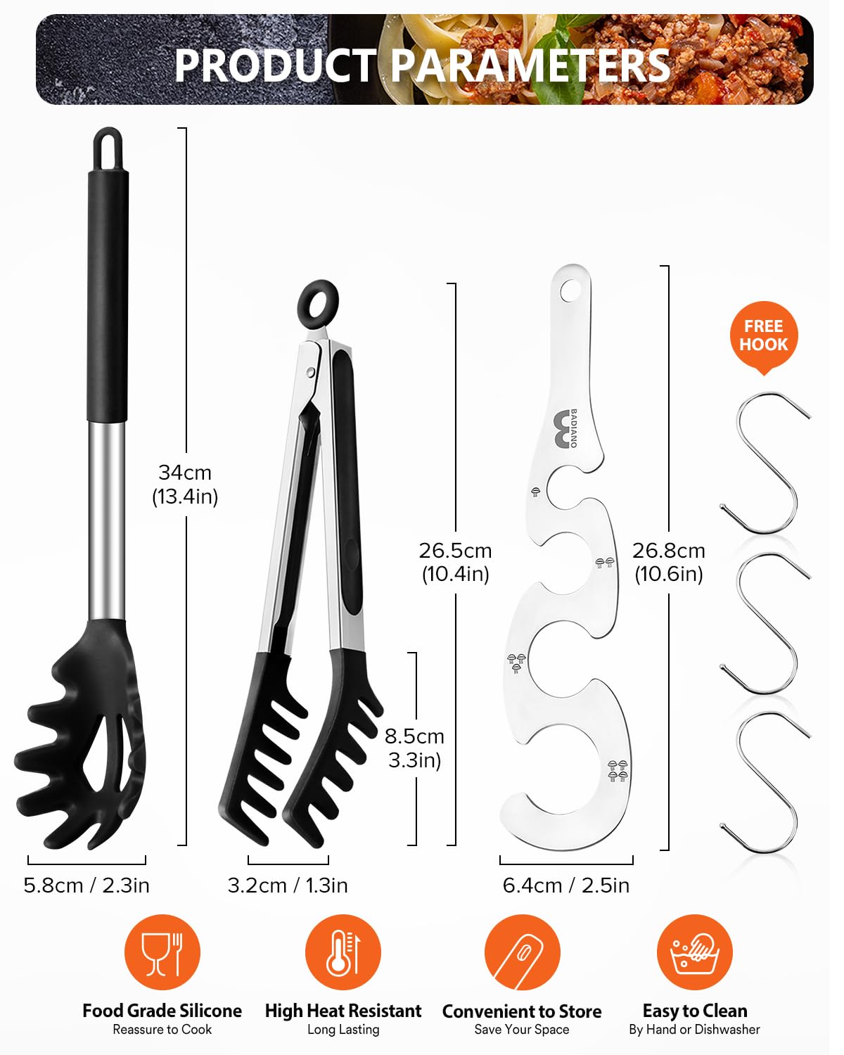 Silicone Spaghetti Spoon & Pasta Tong With Pasta Measurer, 3 Pack of Non-Stick Stainless Steel Handle Pasta Fork Set with Teeth, Food Clip for Easy Serving of Noodles (BLACK)