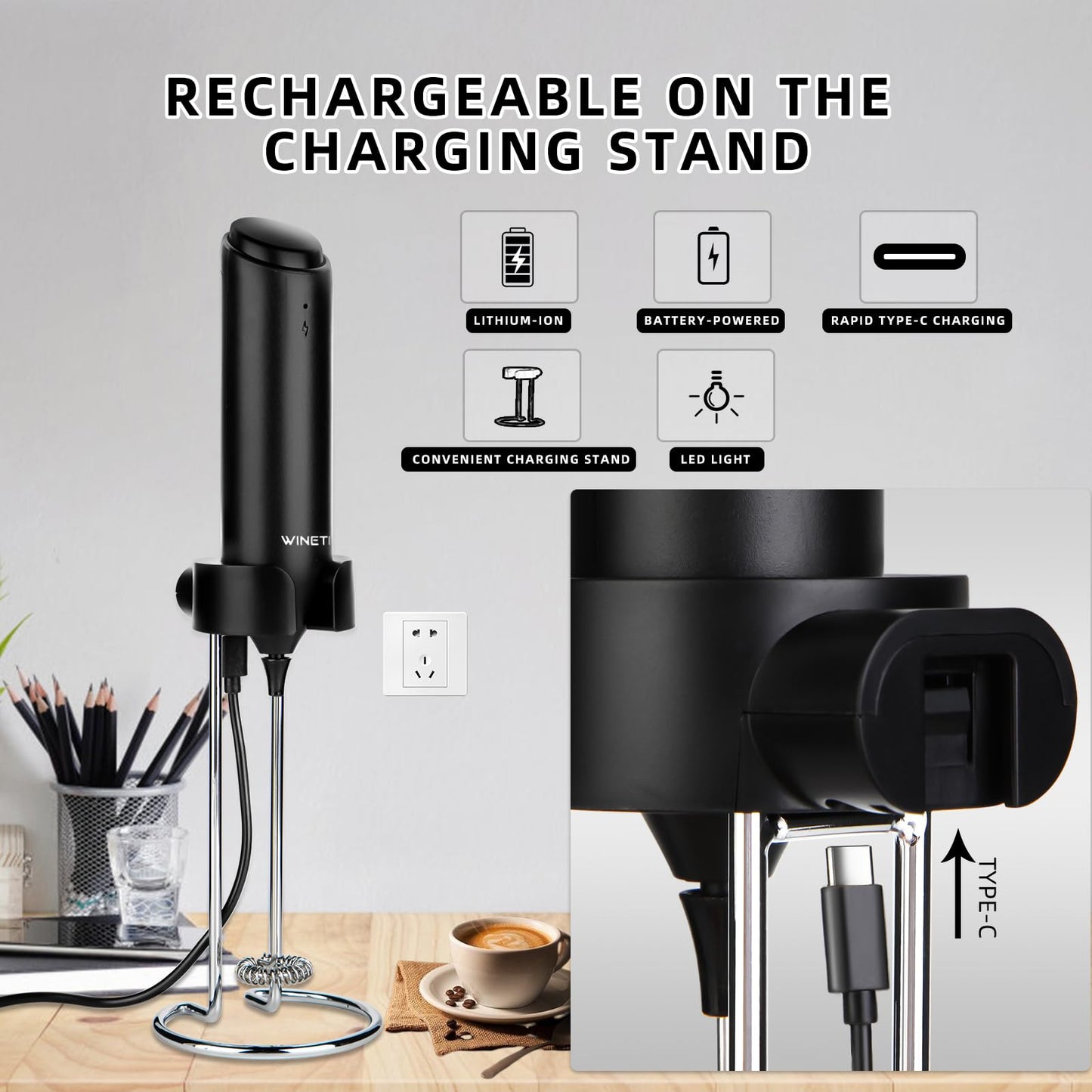 WINETELL Rechargeable Electric Milk Frother Handheld, Coffee Frother with USB C Charging Stand, Powerful Frother Wand Whisk, Drink Mixer for Lattes, Hot Chocolate, Matcha, etc