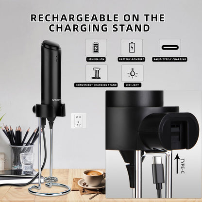 WINETELL Rechargeable Electric Milk Frother Handheld, Coffee Frother with USB C Charging Stand, Powerful Frother Wand Whisk, Drink Mixer for Lattes, Hot Chocolate, Matcha, etc