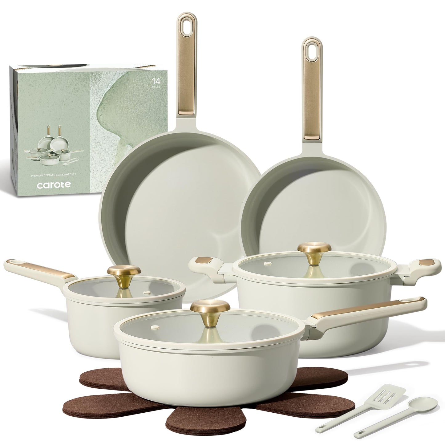 CAROTE Ceramic Cookware Set Nonstick, 14pcs Pots and Pans Set Nonstick, Non-Toxic & PFAS-Free, Dishwasher, RV/Camping Cookware Set, Cooking Pots with Lids, Sage Green