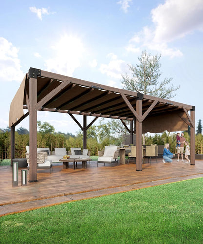 PeakPursuit Durable Cedar Wood Pergola with Retractable Canopy – 12 x 20 ft Sturdy Outdoor Patio Structure, Rot-Resistant, Modern Reddish-Brown Finish – Perfect for Backyard, Deck, Garden – Brown