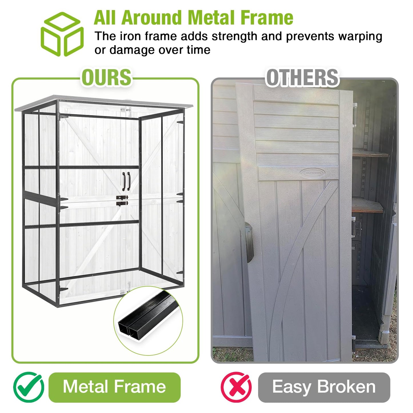 GUTINNEEN Outdoor Storage Cabinet Durable Metal Frame and Solid Wood Vertical Tool Shed with 3 Adjustable Height Shelves and Bottom Floor for Patio, Garden, Backyard, 55" L x 29" W x 67" H