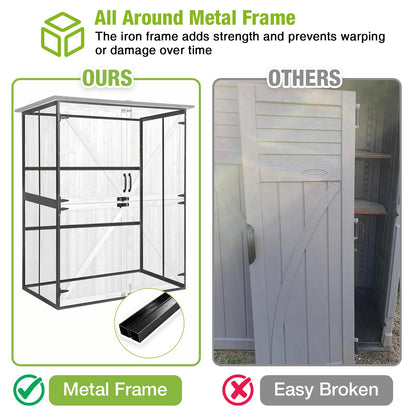 GUTINNEEN Outdoor Storage Cabinet Durable Metal Frame and Solid Wood Vertical Tool Shed with 3 Adjustable Height Shelves and Bottom Floor for Patio, Garden, Backyard, 55" L x 29" W x 67" H