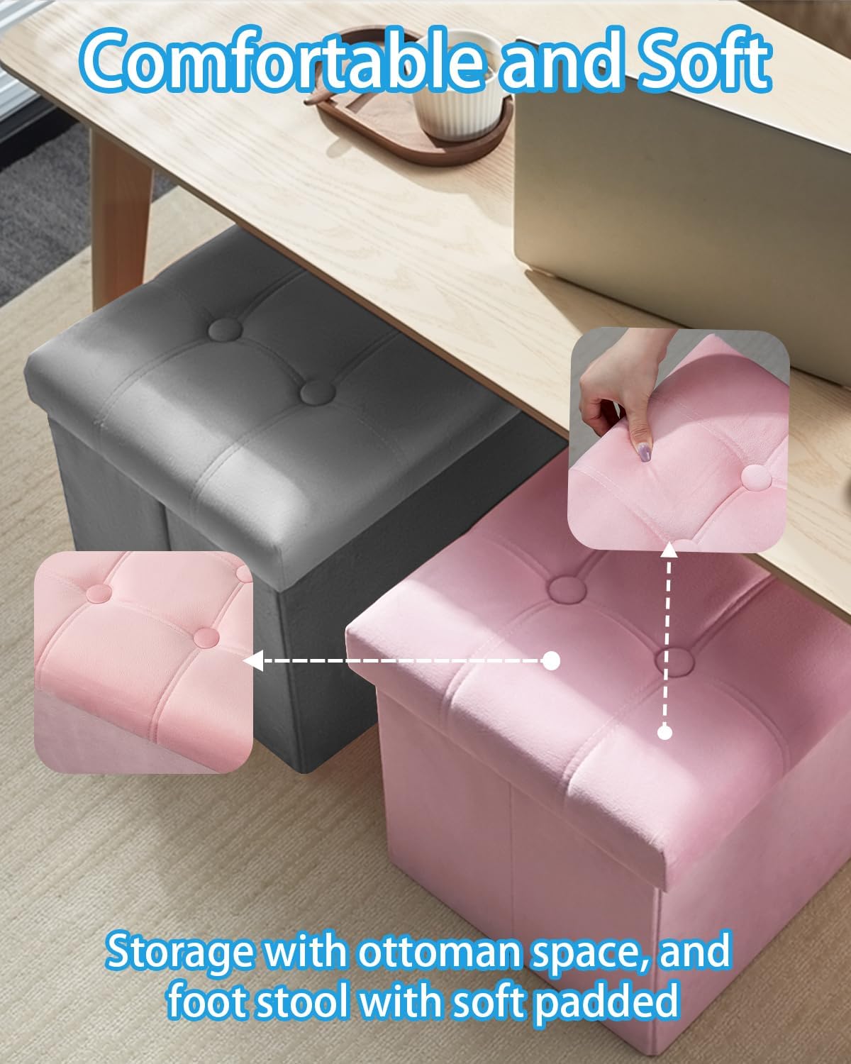 17 inches Storage Ottoman Foot Stool, Folding Ottoman with Storages, Velvet Storage Bench with Side Pocket, Foot Rest