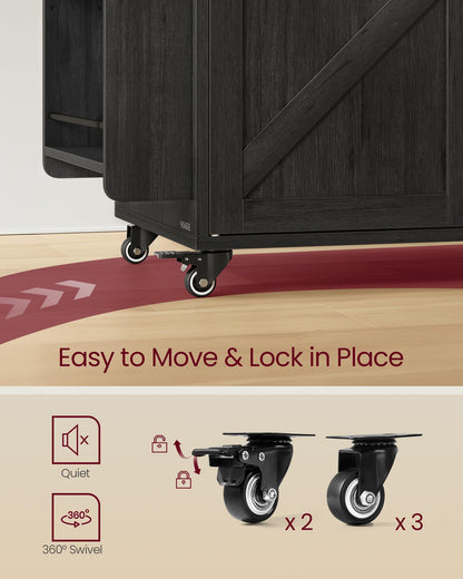 VASAGLE Mobile Kitchen Island with Trash Can Storage, Drop Leaf, Portable Island with Spice Rack, Mobile Cart with Storage Cabinet, for Dining Room, Ink Black and Honey Brown UKKI014BJ01S