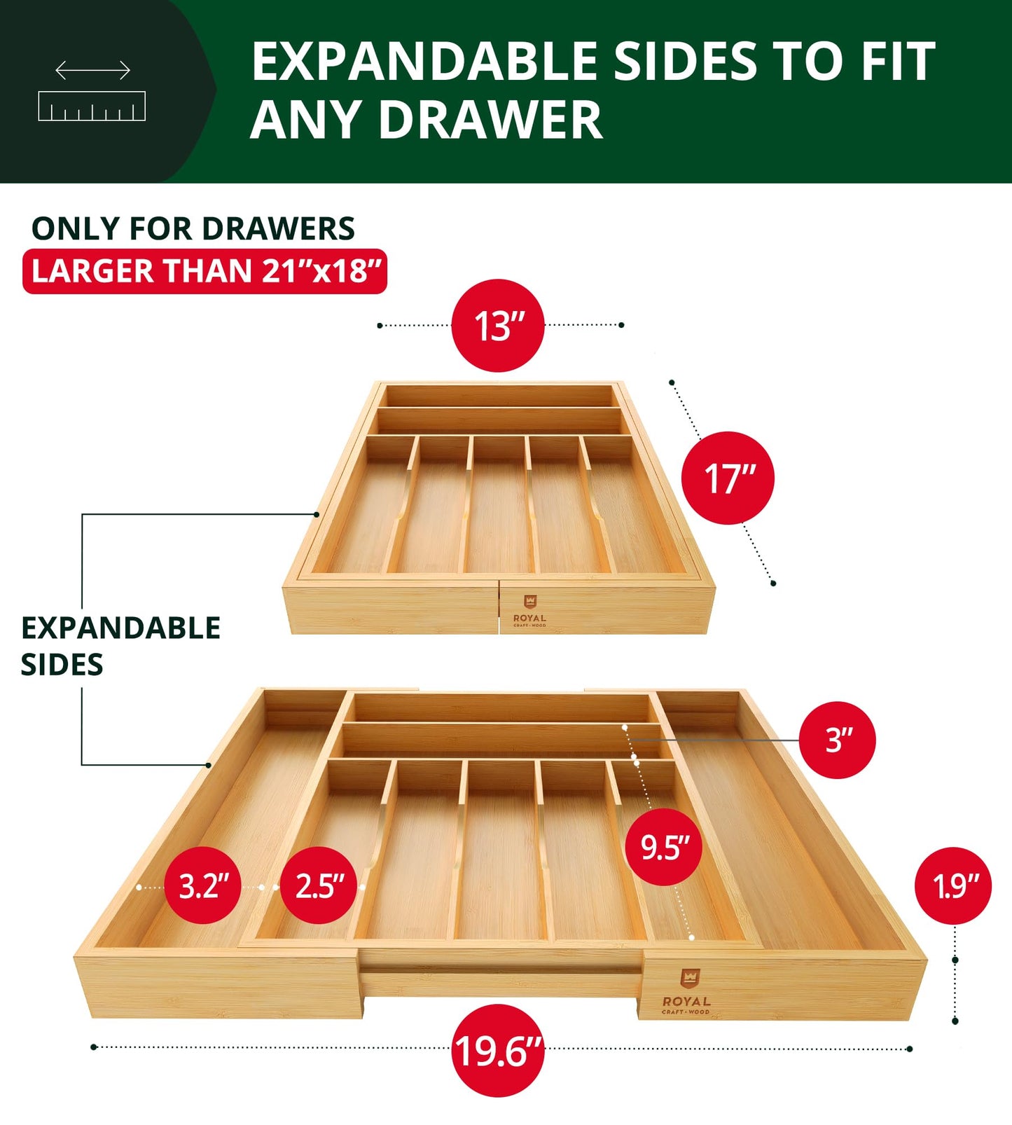 ROYAL CRAFT WOOD Luxury Bamboo Kitchen Drawer Organizer - Silverware Organizer, Utensil Holder & Cutlery Tray Drawer Dividers for Flatware (9 Slot, Natural)