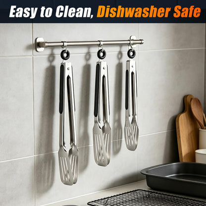 Metal Tongs for Cooking, Set of 3 Stainless Steel Spatula Tongs – 7, 9 & 12 Inch Heavy Duty Kitchen Tongs with Strong Grip, Pull Lock for Grilling, Flipping Steak, Fish & Ribs