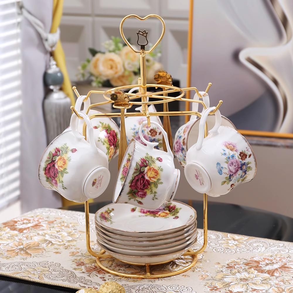 floral tea cups high-grade fine bone china tea set for 6 people,English Style porcelain teacup sets with stand holder afternoon coffee cups and saucers sets for women