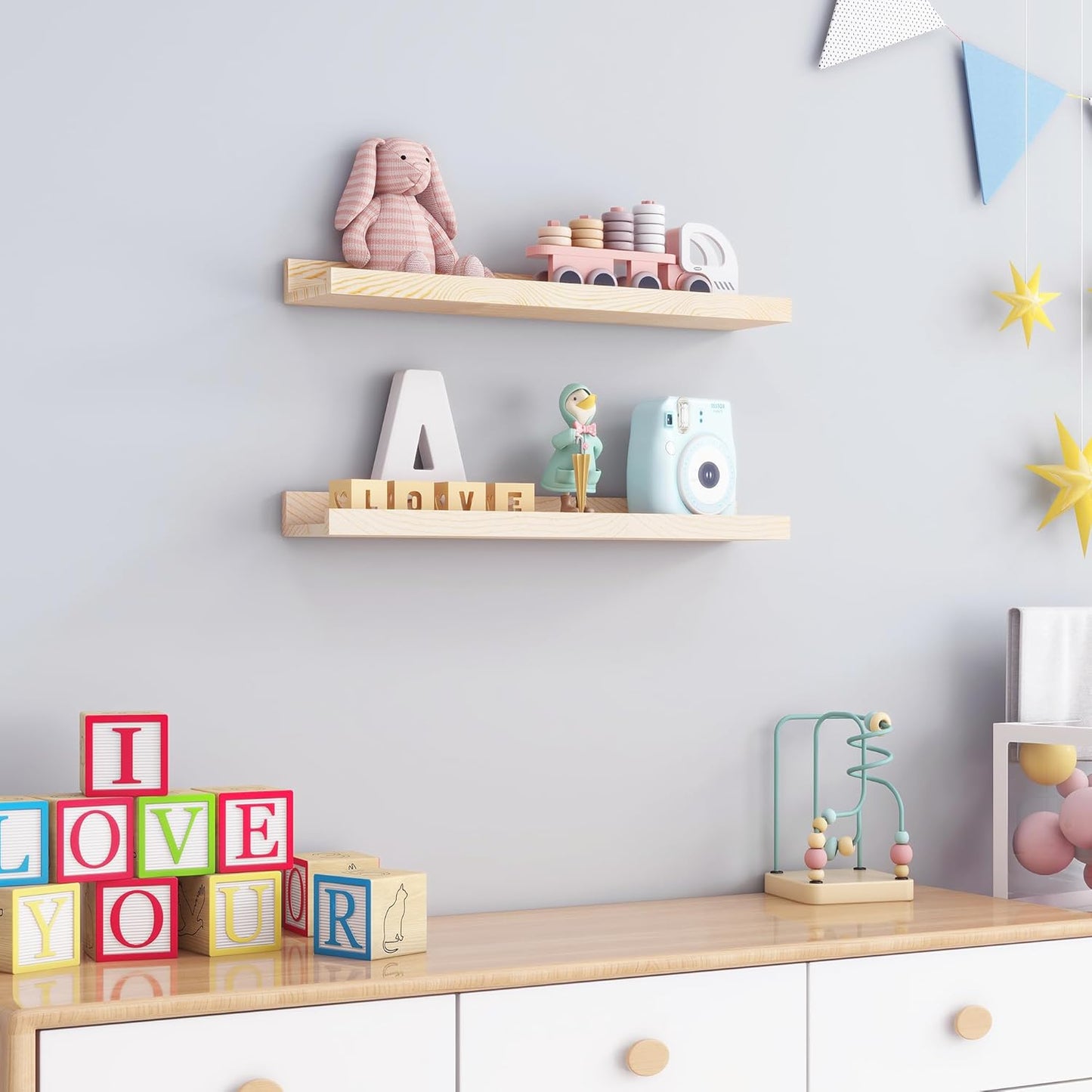 24 inch 2 Packs, Picture Ledge Shelf for Wall, Solid Pine Wood Nursery Book Shelves Floating Ledge Shelves for Kids'