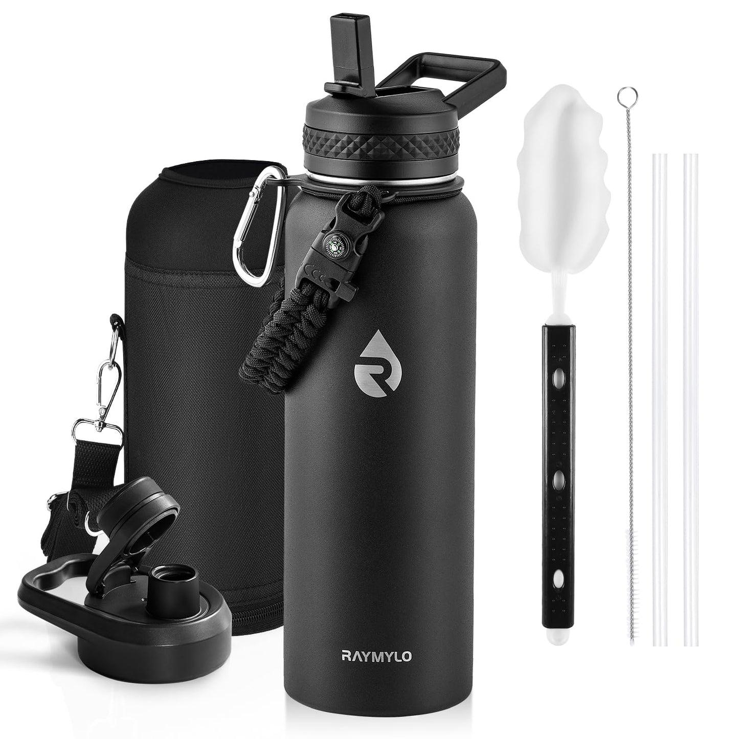 RAYMYLO Insulated Water Bottle 40 oz, Triple Wall Vacuum Stainless Steel (Cold for 36Hrs, Hot for 18Hrs), Leak Proof & Non-BPA, Modern Water Flask Jug with Paracord Handle & Straw Spout Lids