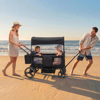 Voupou Wagon Stroller for 2 Kids,Push Pull Wagon with Adjustable Handle, Folding Wagon with Canopy & Mosquito Net, All-Terrain Wheels,Cup Holder & Snack Tray,Storage&Mom Bag,for Camping Beach Travel