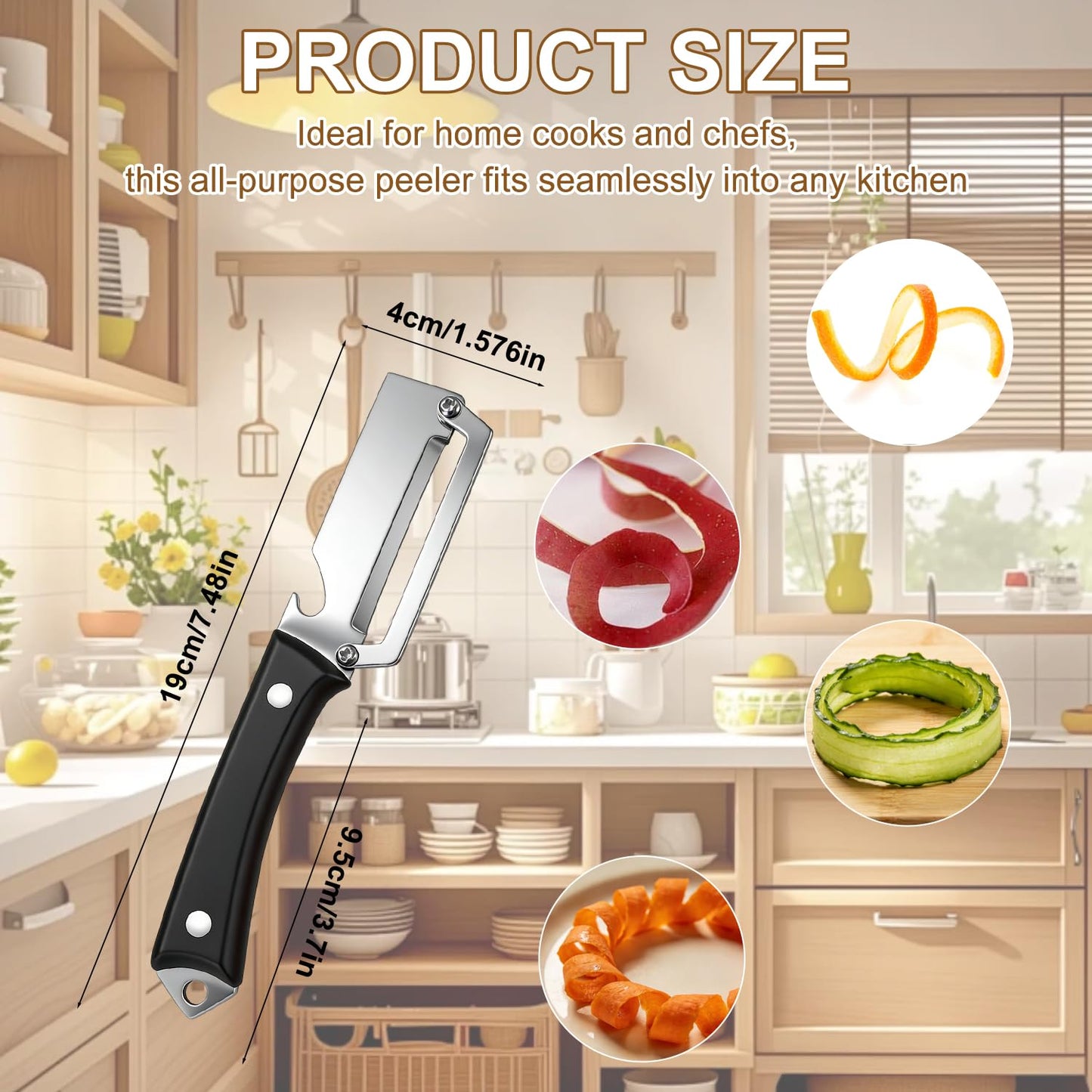 2026 Upgrade Premium Vegetable Peeler with Wooden Handle and Bottle Opener, Multifunctional 3-in-1 Stainless Steel Kitchen Tool for Fruit Apple Potato Pumpkin Papaya (Wood Grain + Black Pattern)