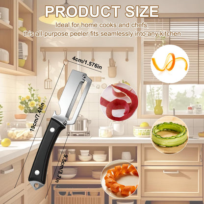 2026 Upgrade Premium Vegetable Peeler with Wooden Handle and Bottle Opener, Multifunctional 3-in-1 Stainless Steel Kitchen Tool for Fruit Apple Potato Pumpkin Papaya (Wood Grain + Black Pattern)