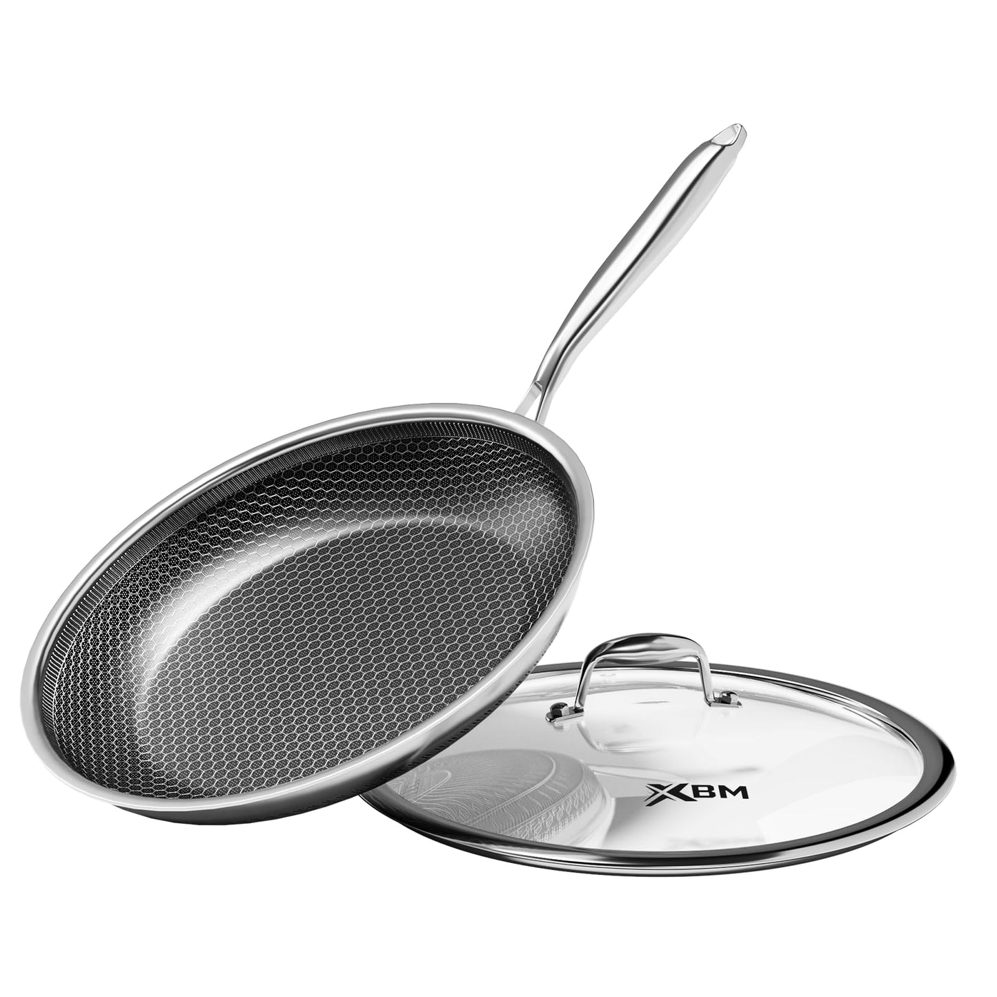 XBM Nonstick Frying Pan with Lid 12-Inch, Durable Stainless Steel Skillet, Induction Cooktop Compatible, PFOA-Free Scratch-Proof, Dishwasher & Oven Safe, Stay-Cool Handle, Silver Kitchen Cookware
