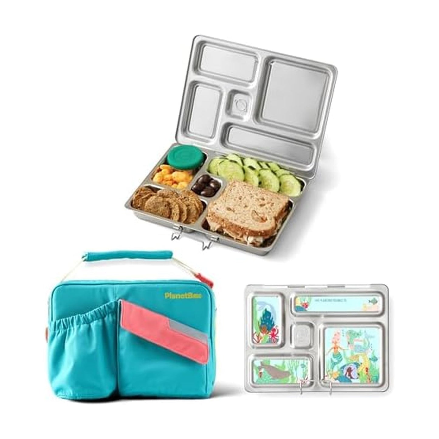 PlanetBox Rover Stainless Steel Bento Box Style Lunch Box Kit for Kids with 5 Compartments, Includes Insulated Lunch Bag, Leakproof Food Containers and Matching Mermaid Lagoon Magnets