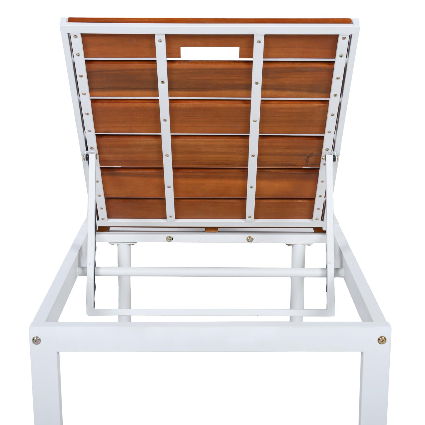 ApilithHive Outdoor Chaise Lounge with 6-Position Adjustable Backrest, Acacia Wood and Steel Frame, 78.7", 400 lbs Capacity, White and Brown