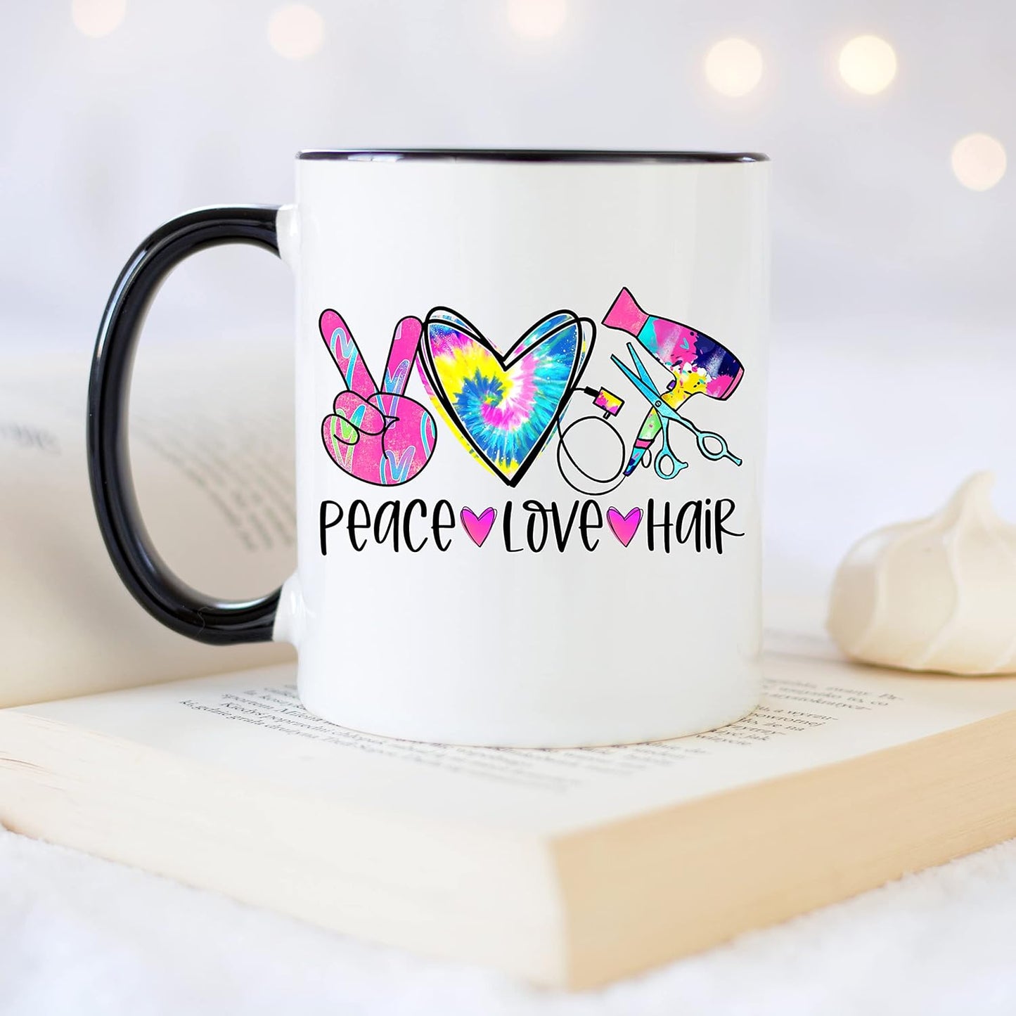 YouNique Designs Peace Love Hair Stylist Coffee Mug, 11 Ounces, Black Handle Mug for Hairdressers