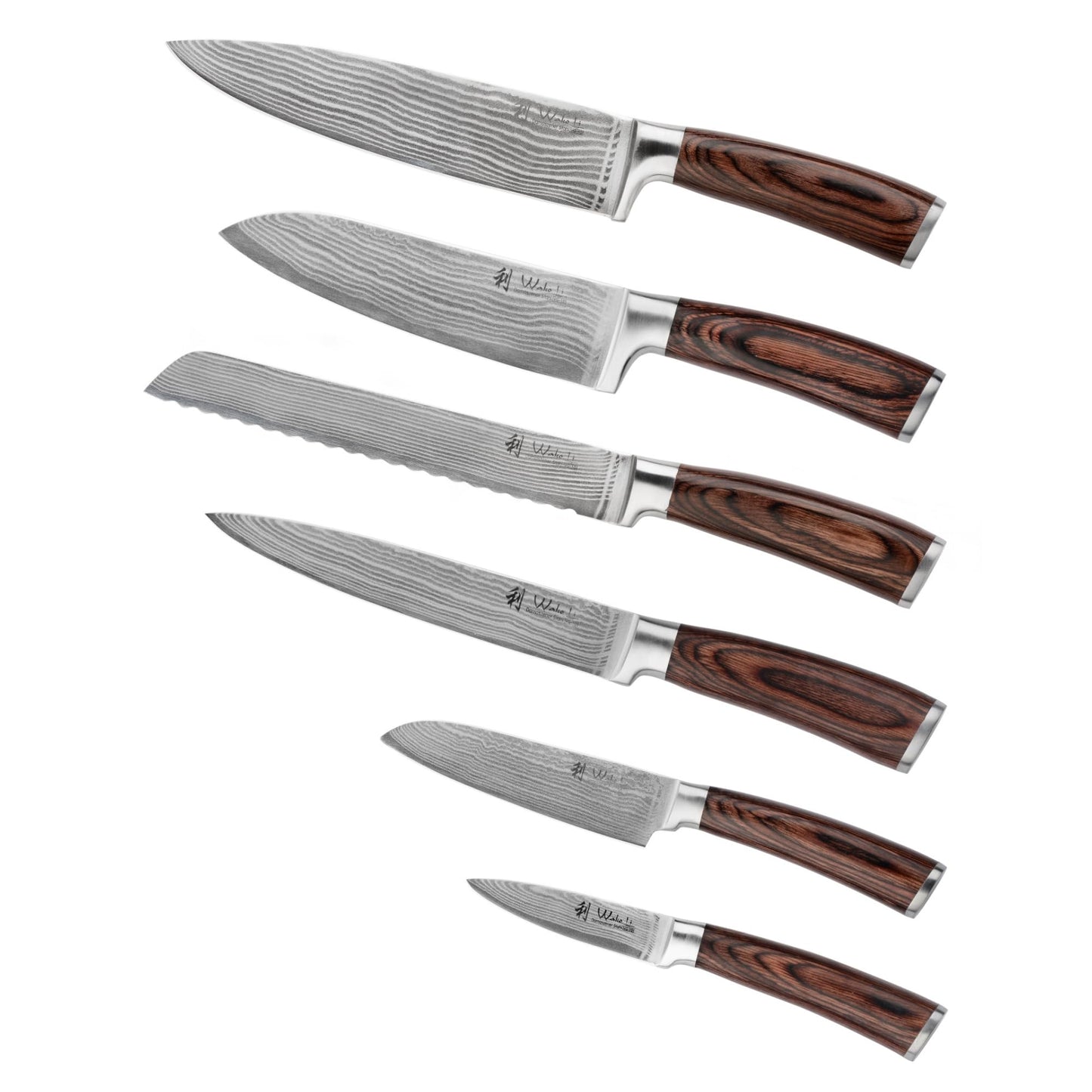 Wakoli EDIB 6-Piece Damascus Knife Block Set – Professional Kitchen Knives with Magnetic Acacia Block – Kitchen Knife Set made of 67-Layer Damascus Steel Blades & Ergonomic Pakkawood Handles